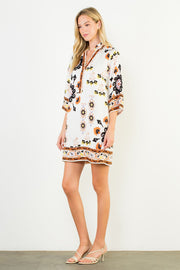 Pinwheel Floral Border Print Mini Tunic Dress