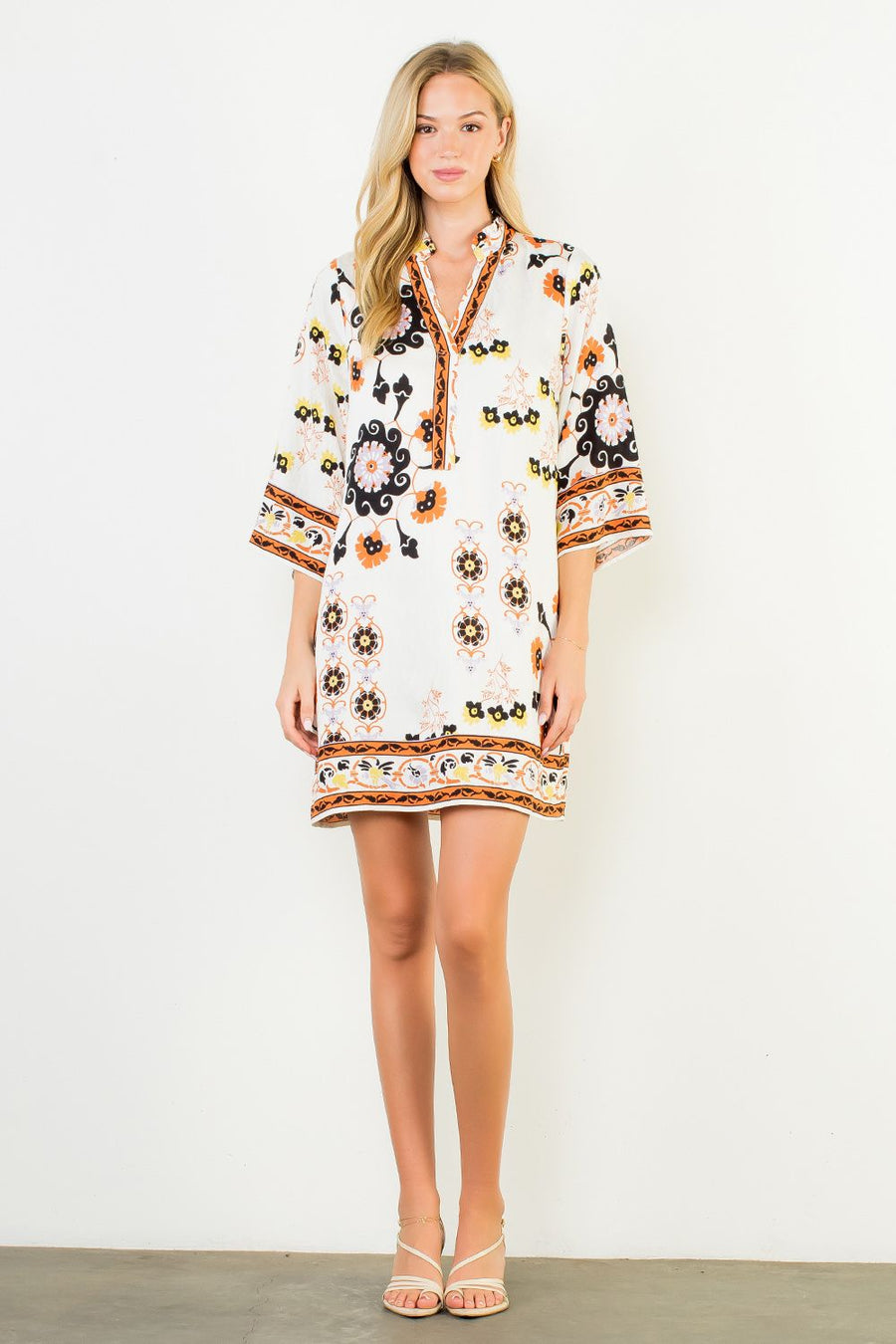 Pinwheel Floral Border Print Mini Tunic Dress