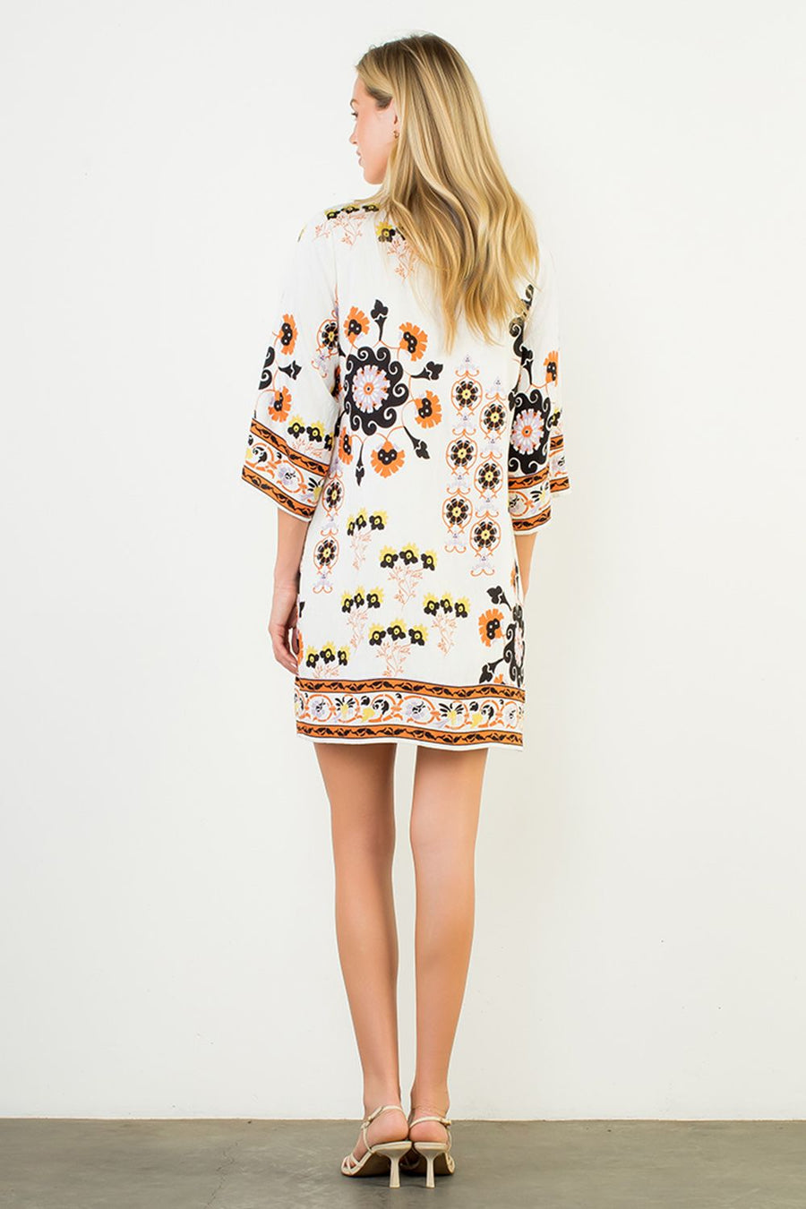 Pinwheel Floral Border Print Mini Tunic Dress