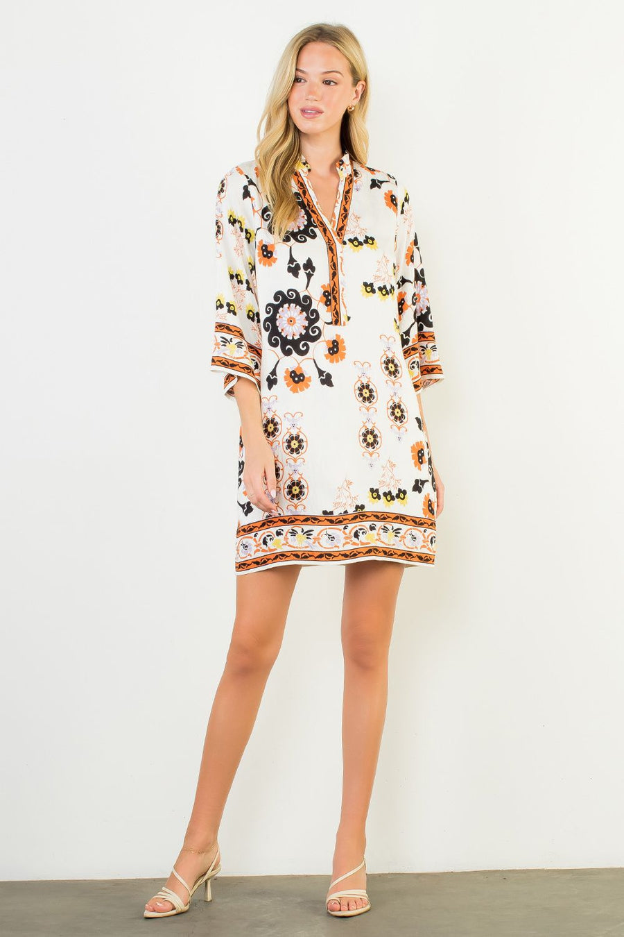 Pinwheel Floral Border Print Mini Tunic Dress