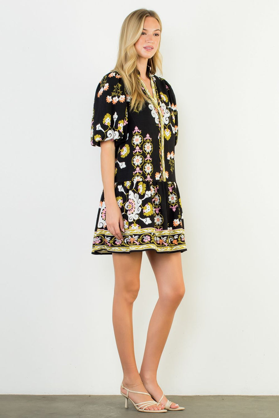 Pinwheel Floral Puff Sleeve Border Print Mini Dress
