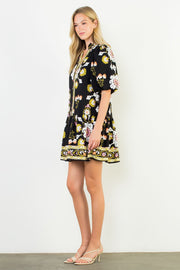 Pinwheel Floral Puff Sleeve Border Print Mini Dress