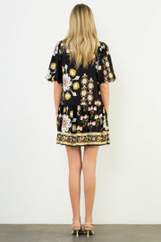 Pinwheel Floral Puff Sleeve Border Print Mini Dress