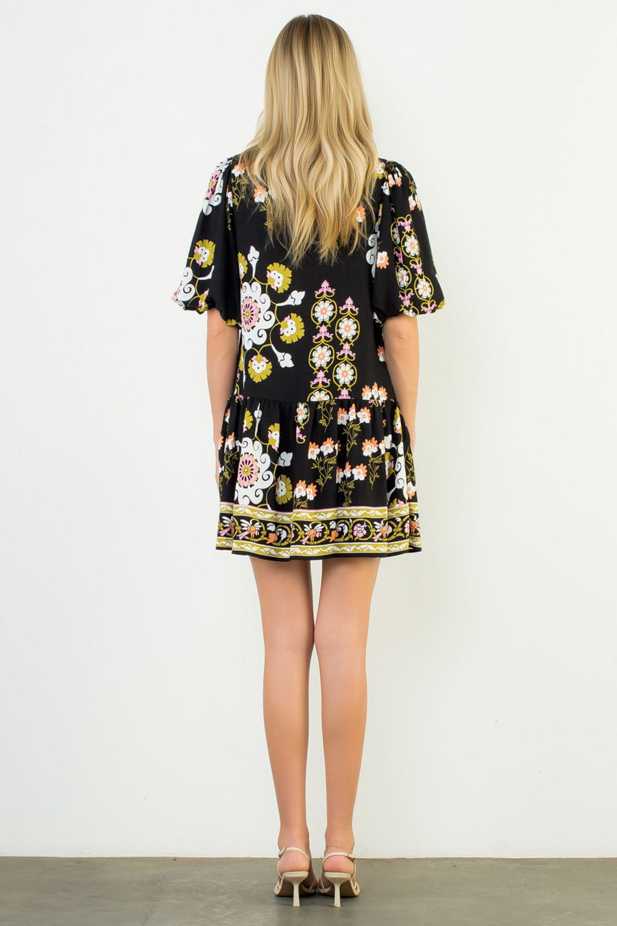 Pinwheel Floral Puff Sleeve Border Print Mini Dress