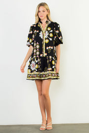 Pinwheel Floral Puff Sleeve Border Print Mini Dress
