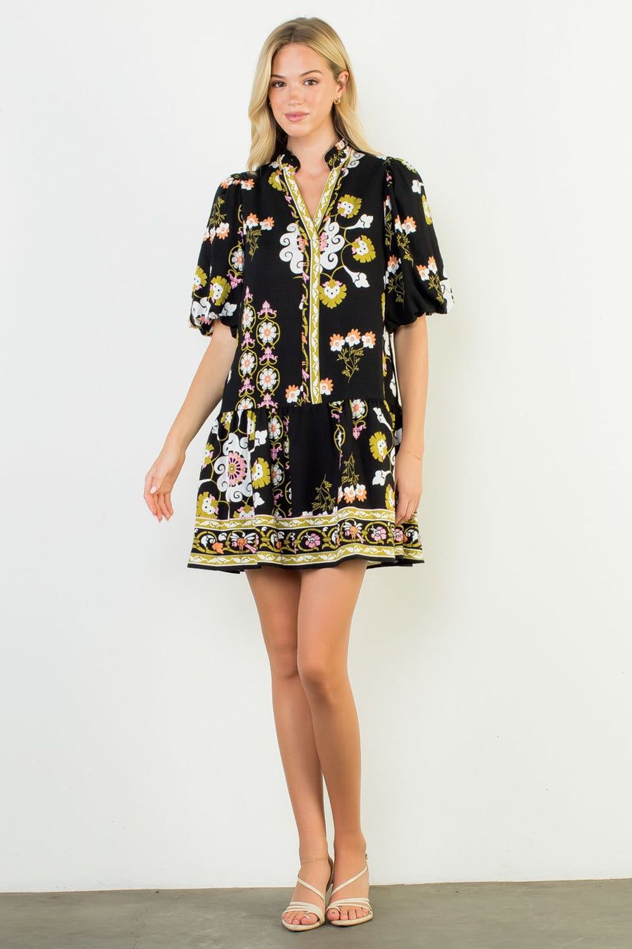 Pinwheel Floral Puff Sleeve Border Print Mini Dress