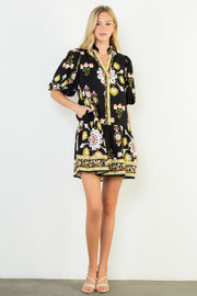 Pinwheel Floral Puff Sleeve Border Print Mini Dress