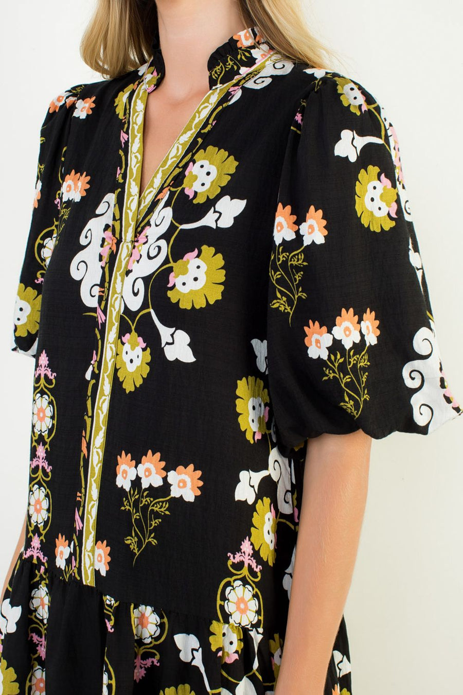 Pinwheel Floral Puff Sleeve Border Print Mini Dress