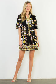 Pinwheel Floral Puff Sleeve Border Print Mini Dress