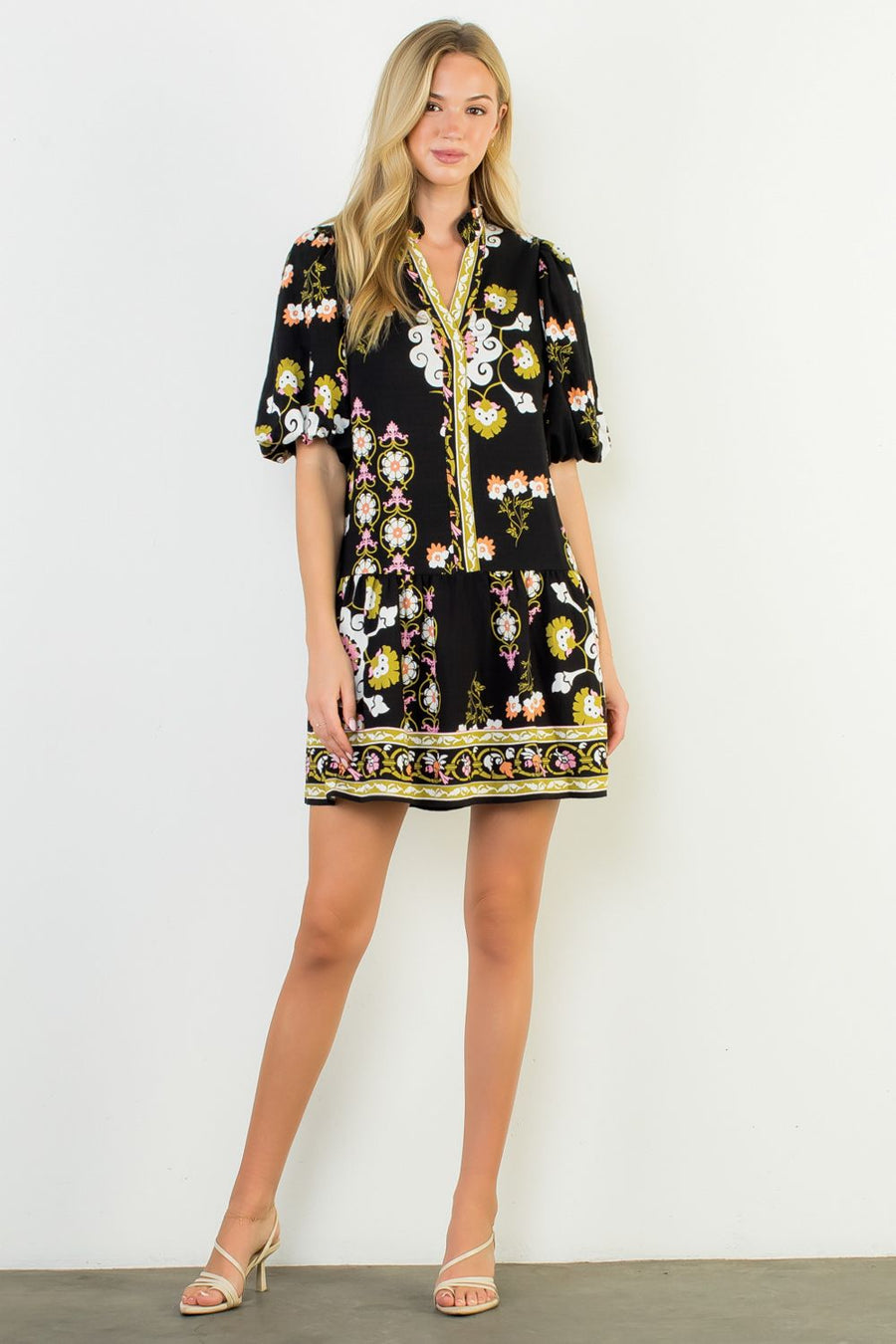 Pinwheel Floral Puff Sleeve Border Print Mini Dress