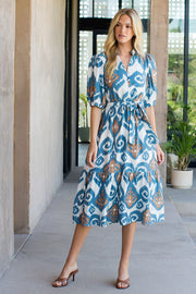 Inaya Puff Sleeve Ikat Print Belted Midi Dress