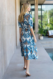 Inaya Puff Sleeve Ikat Print Belted Midi Dress