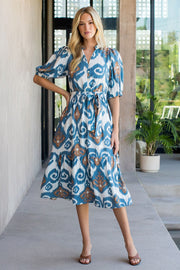 Inaya Puff Sleeve Ikat Print Belted Midi Dress