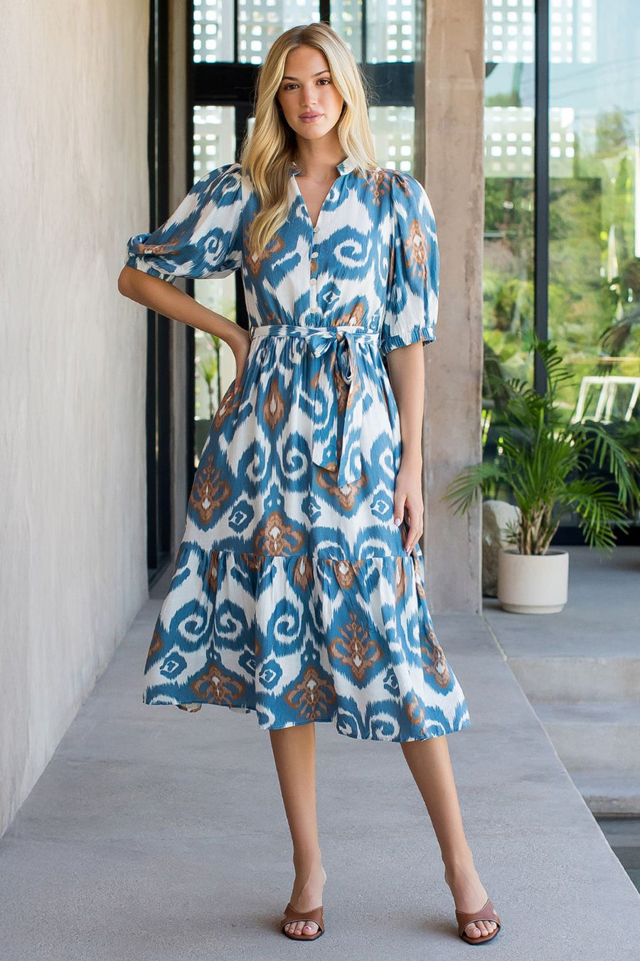 Inaya Puff Sleeve Ikat Print Belted Midi Dress