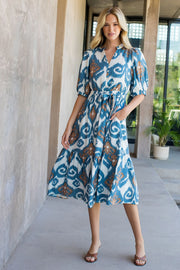 Inaya Puff Sleeve Ikat Print Belted Midi Dress