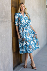 Inaya Puff Sleeve Ikat Print Belted Midi Dress