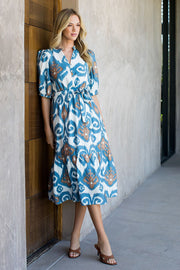 Inaya Puff Sleeve Ikat Print Belted Midi Dress