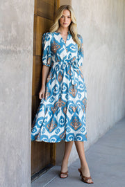 Inaya Puff Sleeve Ikat Print Belted Midi Dress
