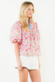Tulipalooza Floral Print Puff Sleeve V-Neck Top by THML