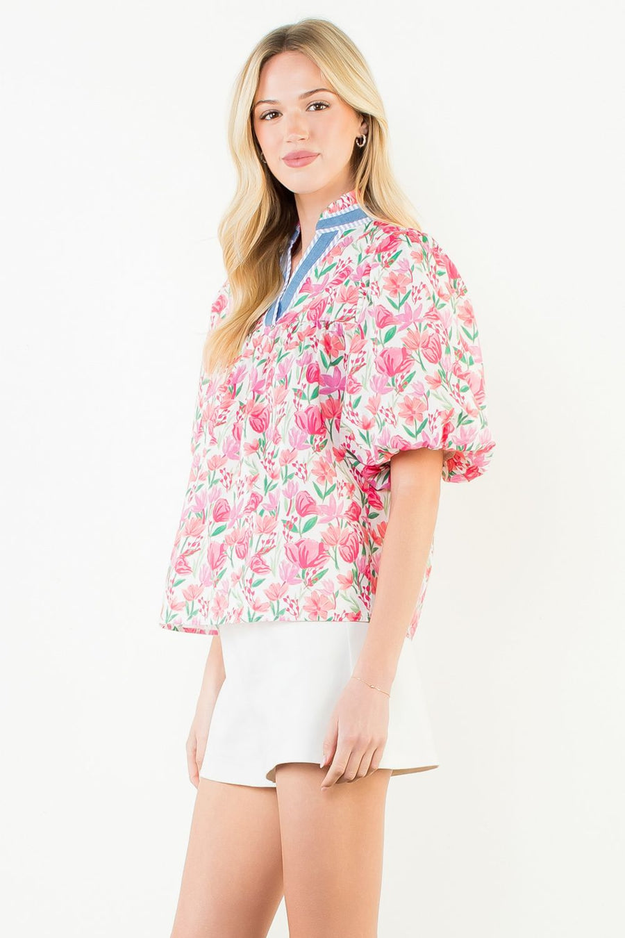 Tulipalooza Floral Print Puff Sleeve V-Neck Top by THML