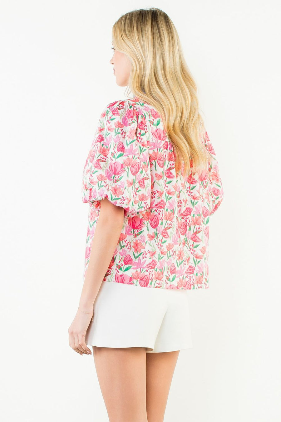 Tulipalooza Floral Print Puff Sleeve V-Neck Top by THML