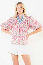 Tulipalooza Floral Print Puff Sleeve V-Neck Top by THML