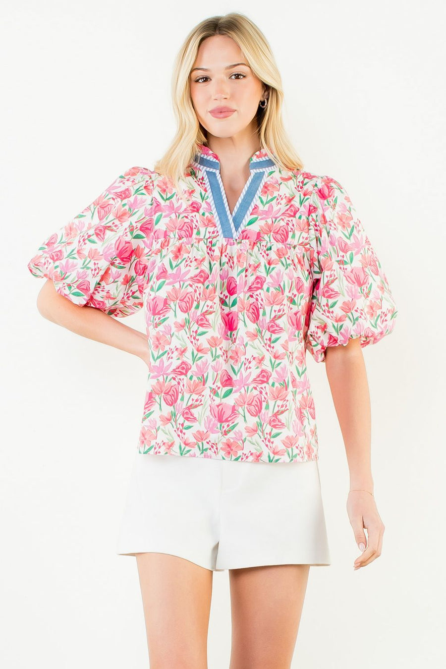 Tulipalooza Floral Print Puff Sleeve V-Neck Top by THML