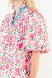 Tulipalooza Floral Print Puff Sleeve V-Neck Top by THML