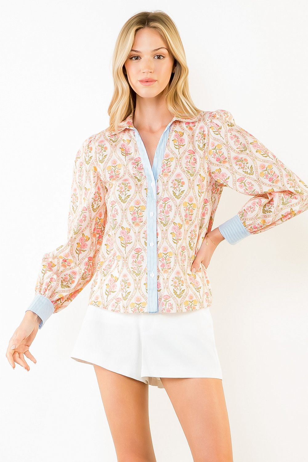 Picturesque Blooms Floral Print Long Sleeve V-Neck Top by THML
