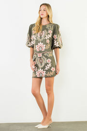 Cactus Blossom Suede Puff Sleeve Embroidered Flower Top by THML