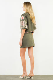 Cactus Blossom Suede Puff Sleeve Embroidered Flower Top by THML
