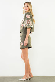 Cactus Blossom Suede Embroidered Flower Short Skirt by THML