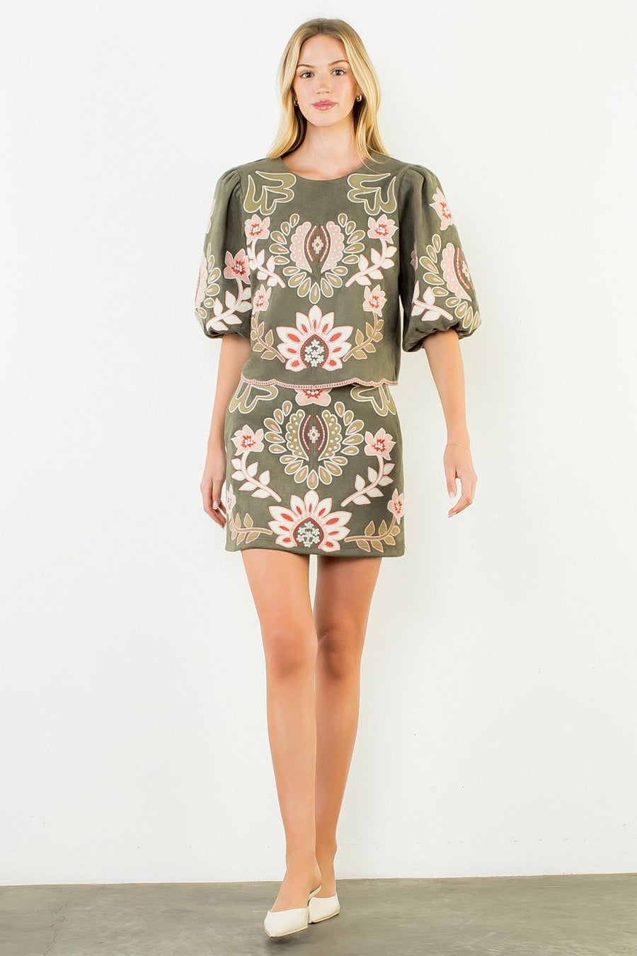 Cactus Blossom Suede Puff Sleeve Embroidered Flower Top by THML