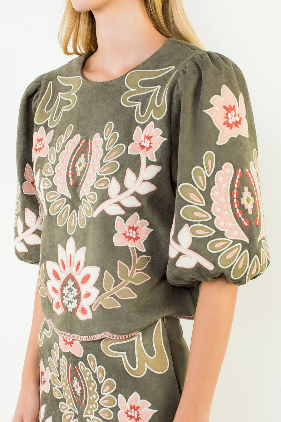 Cactus Blossom Suede Puff Sleeve Embroidered Flower Top by THML