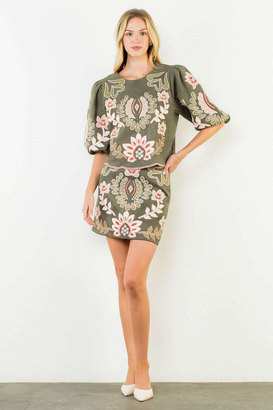 Cactus Blossom Suede Embroidered Flower Short Skirt by THML
