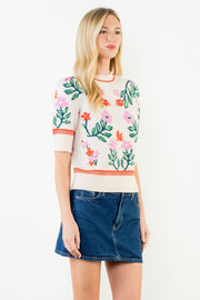 Flower Jubilee Short Sleeve Floral Knitted Sweater