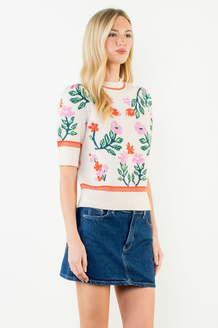 Flower Jubilee Short Sleeve Floral Knitted Sweater