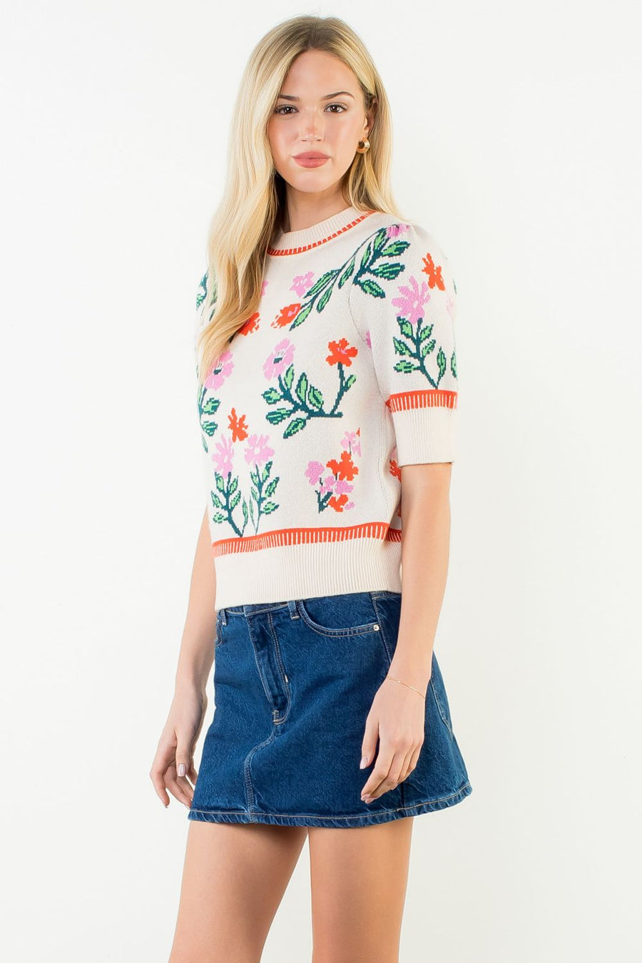Flower Jubilee Short Sleeve Floral Knitted Sweater