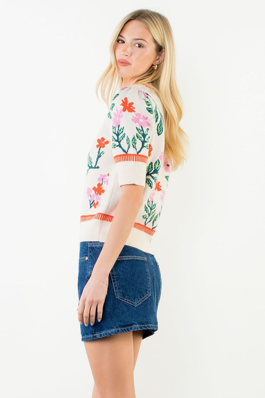 Flower Jubilee Short Sleeve Floral Knitted Sweater