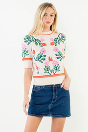 Flower Jubilee Short Sleeve Floral Knitted Sweater