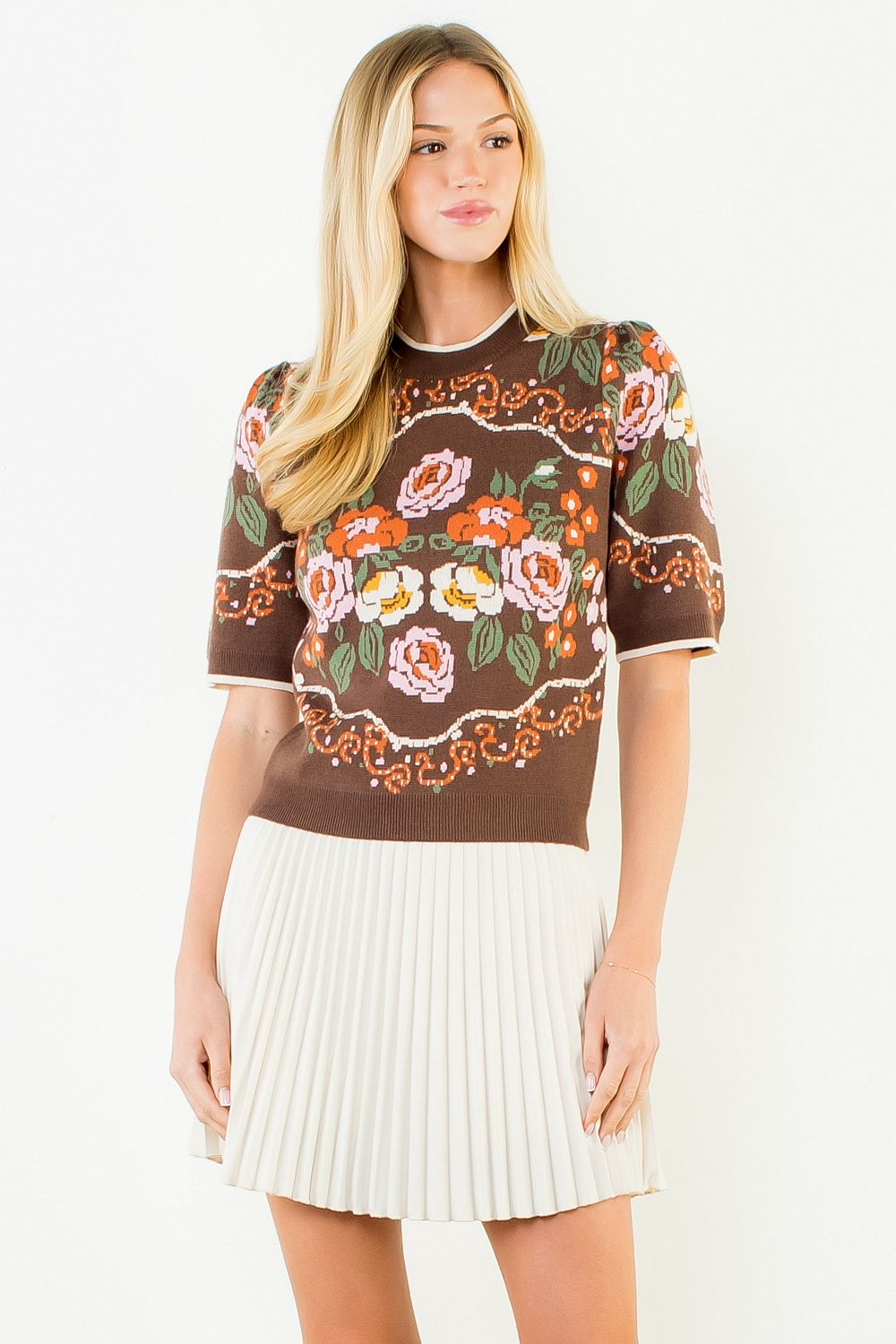 Western Roses Floral Knit Sweater Top by THML